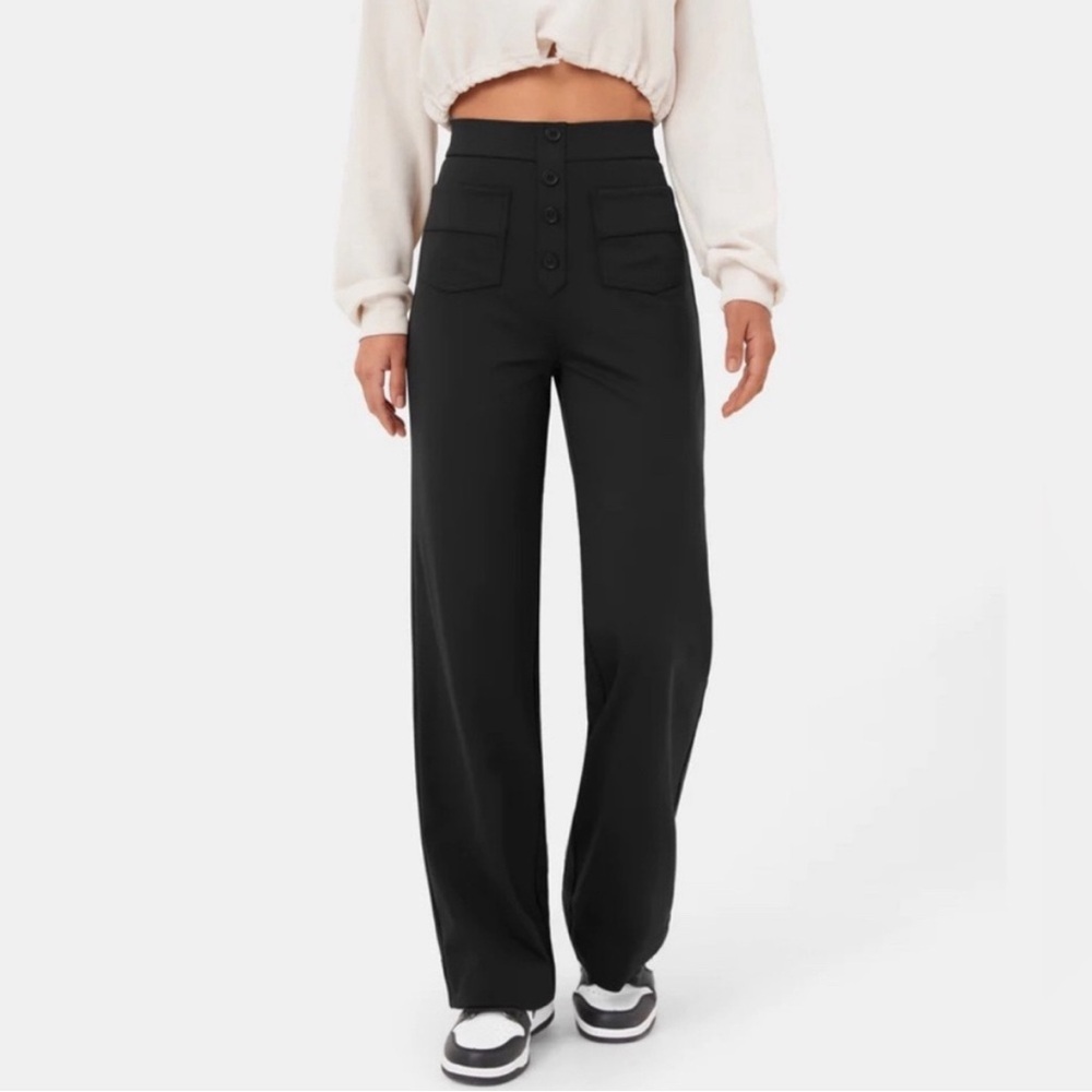 Halara High Waisted Button Pockets Straight Leg Casual Pants Black medium